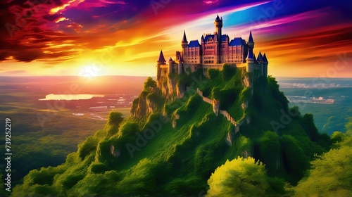 A majestic castle perched on a hill, surrounded by lush greenery, as the sky explodes in a kaleidoscope of colors during sunset.
