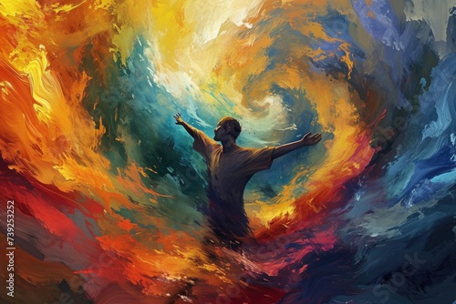Digital illustration of a person surrounded by a swirling storm of colors, representing the tumultuous emotions within, such as passion, anger, and elation