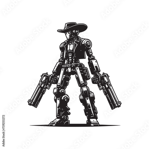 robot humanoid cowboy with double gun hand drawn art style vector illustration