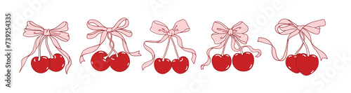 Cherry and bow coquette vector, hand drawn red cherry set