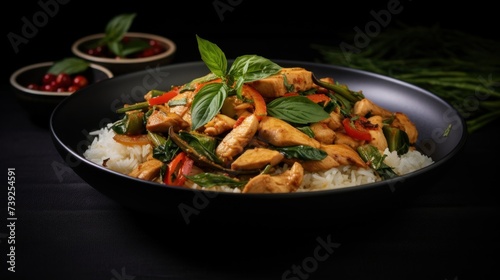 Stir-fried basil and chicken serving with fried rice (Pad Kra Pao Gai) – Thai street food.