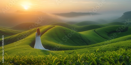 A girl in a white long dress stands among the bright colors of an Asian landscape, with lush fields against a backdrop of stunning sunrises and sunsets.