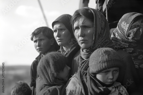 Historical photographs portraying the forced migration and displacement of Ukrainian families during the Holodomor