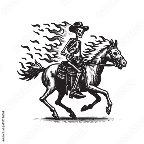 cowboy skeleton on fire riding horse vector illustration