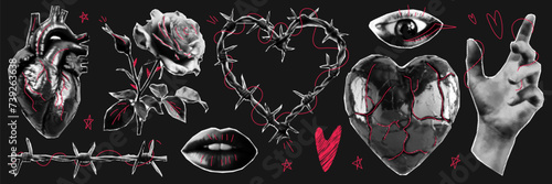 Trendy halftone collage. Gothic dark elements with red doodles. Human heart, rose, barbed wire and other.