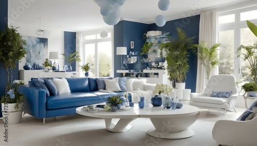 Transformez votre vieux salon en un espace unique et moderne avec des touches de bleu et de blanc, des canapés en cuir élégants, une table basse ronde et des plantes pour une touche de verdure.