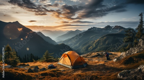 Campsite in a remote area at dawn, tent set up with a view of mountains in the distance, conveying the peacefulness and beauty of camping in nature, Photorealis
