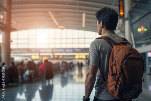 asian tourist with backpack standing in the airport looking at flight schedule board.