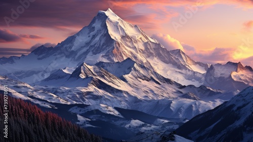 An alpine mountain chain at sunset, the sky painted in hues of pink and orange, the snow-capped peaks glowing softly, the air clear and crisp, Photography, tele