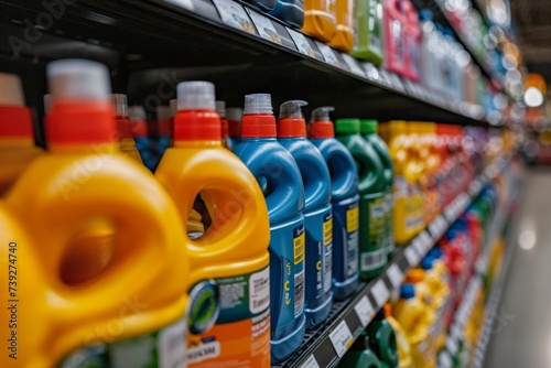 Colorful Laundry Detergent Bottles on Supermarket Shelves
