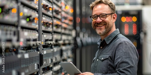 Man working in server room checking and maintaining technology professional scene of network computing and connectivity showcasing expert technician care of server hardware and data storage systems