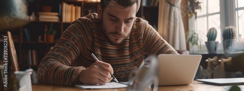 Man taking notes during online lesson at table indoors, closeup