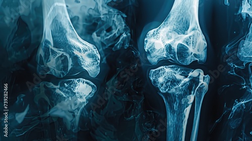 Osteoarthritis (OA) knee . film x-ray AP ( anterior - posterior ) and lateral view of knee show narrow joint space, osteophyte ( spur ), subchondral sclerosis, knee joint inflammation