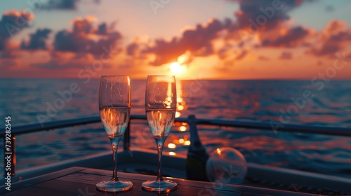 Romantic luxury evening on cruise yacht with champagne setting. Empty glasses and bottle with champagne and tropical sunset with sea background, nobody.