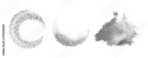 Set of halftone circular dotted frames. Circle dots texture isolated on white background. Spotted spray texture. Vector abstract design element