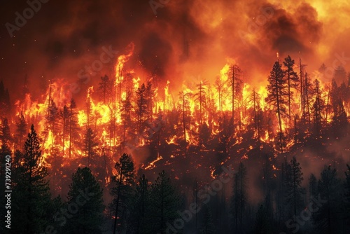 Apocalyptic scene as a raging wildfire engulfs the forest, creating a chaotic blend of flames and smoke, Photo --ar 3:2 --stylize 50 --v 6 Job ID: a783e2d1-b042-40bf-9a40-49c395eb0206