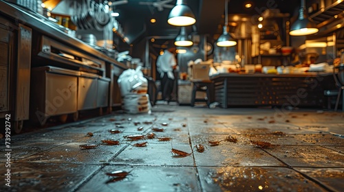 Cockroaches on the floor of a dirty and disgusting kitchen.