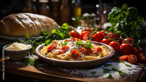 Freshly made pasta with homemade sauce on a kitchen table, rustic setting, showcasing the traditional and authentic preparation of Italian cuisine, Photorealist