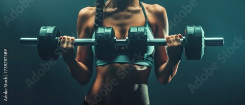An image of a young fit woman lifting dumbbells on a dark background
