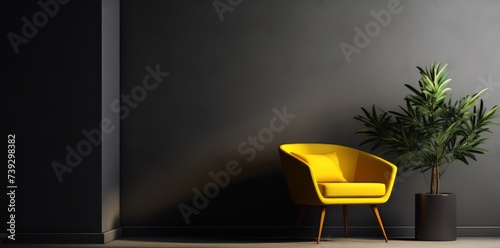 Modern yellow armchair and green plant in a minimalist dark room