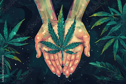 illustration of hands holding green marijuana leaf on dark background