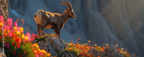 Alpine ibex (Capra ibex), standing in wild flowers and mountains on the background.