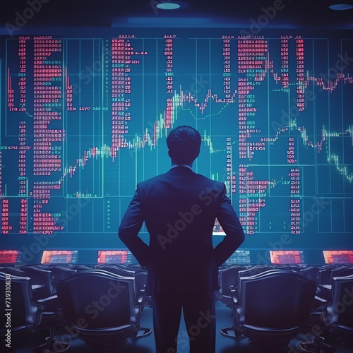 Mann schaut auf großen Bildschirm mit Aktienkursen, Chart, Candlesticks