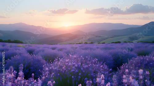 A serene lavender field, with rolling hills as the background, during twilight
