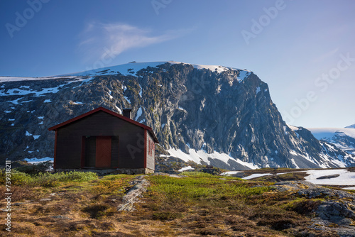 The snow capped Breiddalen Valley at Jotunheimen National Park in Norway,