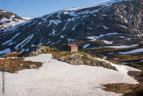 The snow capped Breiddalen Valley at Jotunheimen National Park in Norway,