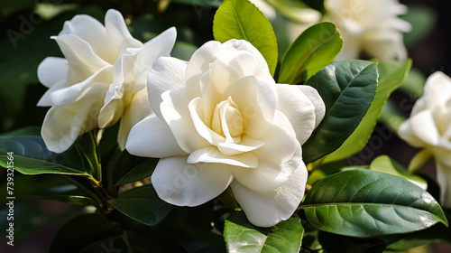 Exquisite Cape jasmine, also known as garden gardenia or gardenia flower, showcasing its delicate beauty and captivating fragrance in a vibrant display.