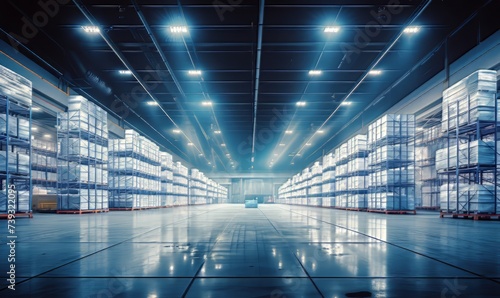large warehouse with a bright blue ceiling and white shelve