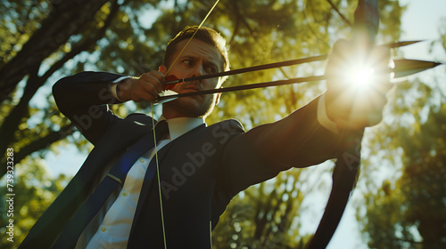 A businessman practicing archery focusing on precision and concentration as metaphors for goal setting and achievement in his professional life.