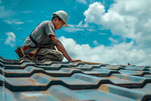 Roofing worker installing roofing tiles on house roof. Roofing construction.