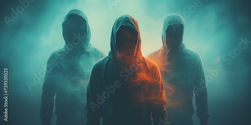 Unidentified individuals embracing anonymity with postproduction effects. Concept Abstract Portraits, Mysterious Figures, Obscured Identities, Surreal Imagery, Anonymous Expressions