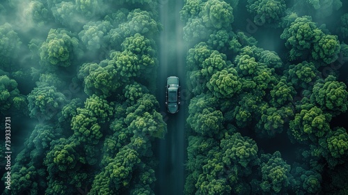 aerial view Electric cars going through the forest, EV electric power for the environment natural energy technology Sustainable development goals green energy 