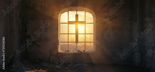the easter window with a sunrise and the cross behind it, in the style of archaeological object