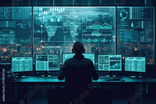 Military Surveillance Officer Working on a City Tracking Operation in a Central Office Hub for Cyber Control