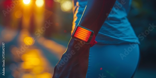 The hand of a marathon runner with a gadget for tracking training and heart rate. Bright sunlight. Concept: programs for sports, outdoor fitness, running to burn calories
