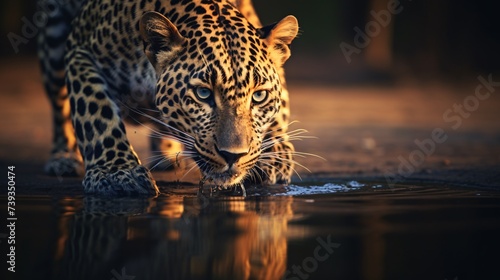Leopard drinks water in aquatic animals on safari The image of a leopard using its mouth to create a small stream of water. In the safari landscape pictures It is a vivid and pleasing sight throughout