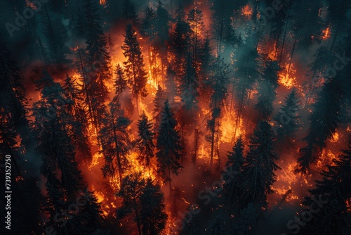 The intense heat of the raging forest fire consumes the lush green trees, creating a billowing cloud of smoke that engulfs the serene beauty of nature