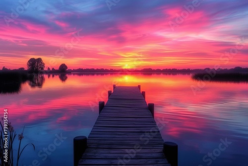 Wooden dock extending out into a lake with a beautiful sunset sky