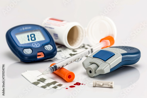 Collection of diabetes management supplies including a blood glucose meter, test strips, insulin syringe, and spilled blood droplets