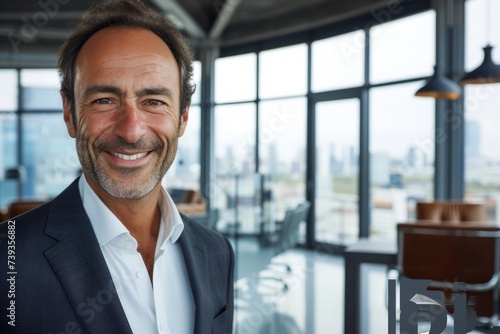 Portrait of a middle-aged man in a suit smiling in an office environment