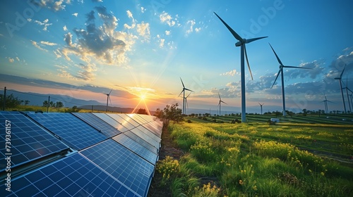 Sunset view over a field of renewable energy sources featuring wind turbines and solar panels amidst natural scenery.