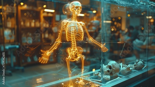 Hologram of the human skeletal system floating in midair Modern technology is used to diagnose human diseases.