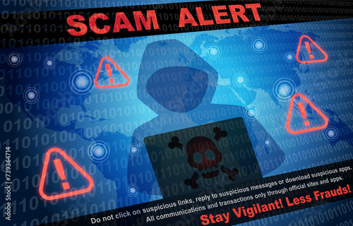 Scam Alert Background. Hacker and Cyber criminals phishing stealing private personal data, user login, password, bank account, money, credit card detail