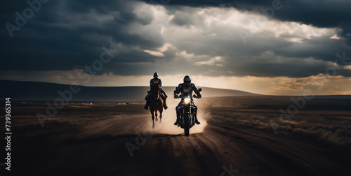 motorcyclist knight in armor on a motorcycle, concept of technical progress and masculinity.