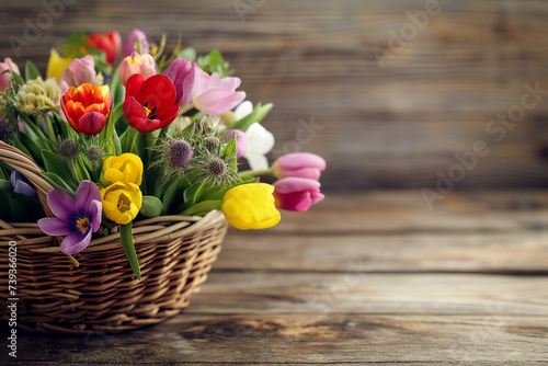 Close-up of a basket filled with spring flowers, symbolizing May Day, bright and fresh on a rustic wooden table, welcoming and cheerful