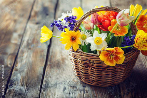 Close-up of a basket filled with spring flowers, symbolizing May Day, bright and fresh on a rustic wooden table, welcoming and cheerful